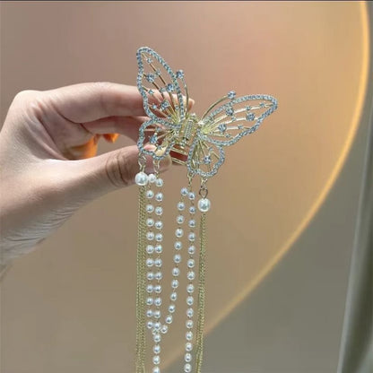New Female Butterfly Pearl Tassel Hair Claw Rhinestone Clip Korean Simple Shark Ponytail Crab Clip Girls Hair Accessories