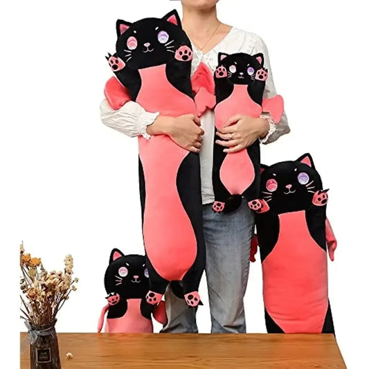 Black Cat Long Cat Plush Body Pillow Cute Cartoon Stuffed Animals Sleeping Pillow Soft Kawaii Kitten Throw Pillow for Kid