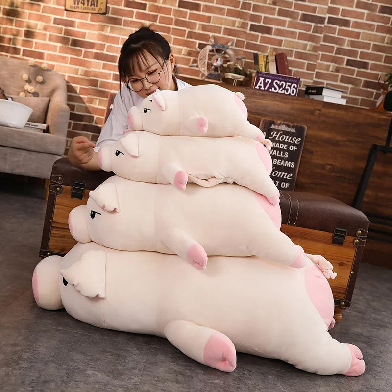 40~110cm Squishy Pig Stuffed Doll Lying Plush Piggy Toy White/Pink Animals Soft Plushie Hand Warmer Blanket Kids Comforting Gift