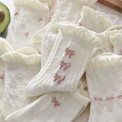 Simple White Socks Versatile Lovely Bowknot Small Flowers Women's Medium Tube Socks kawaii Harajuku jk Lolita Girls Cotton Socks