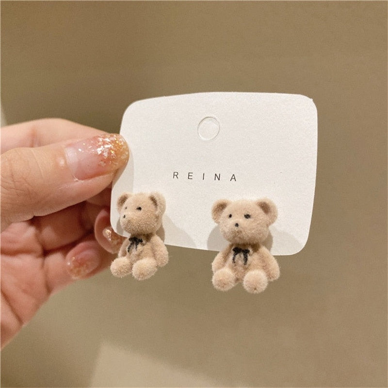 Bear Earrings for Women Girls Fashion Korea Silver Needle Autumn and Winter Earrings Cute Flocking Rabbit Ear Studs Jewelry