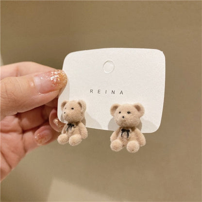 Bear Earrings for Women Girls Fashion Korea Silver Needle Autumn and Winter Earrings Cute Flocking Rabbit Ear Studs Jewelry