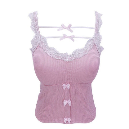 Pink Crop Top Women Summer Cute Y2k Tops Lace Trim Bow Decoration Slim Camis Sweet Girl Lolita Style Aesthetic Kawaii Clothes