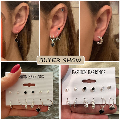 FNIO Korean Fashion Metal Love Heart Circle Drop Small Earrings for Women Trend Pendant Piercing Earrings Set Jewelry