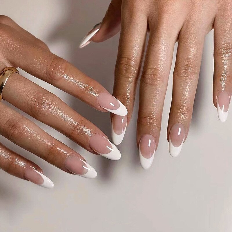 24Pcs Almond Fake Nail Gradient Simple French False Nails Daisy Flower Design Manicure Nails Detachable Full Cover Press On Nail