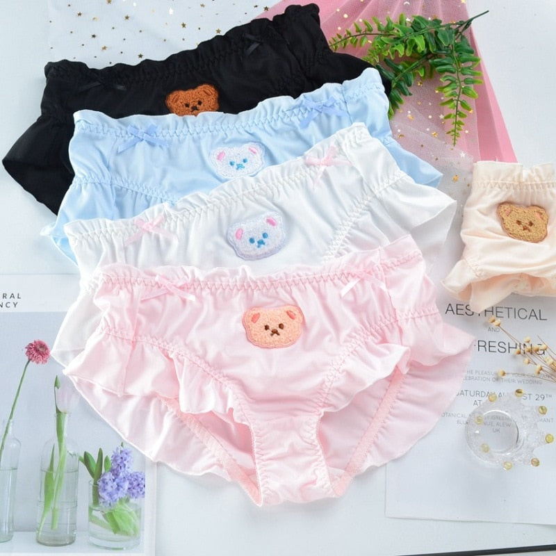 4XL Large Size Women Cute Lovely Sweety Japanese Style Lolita Panties Bear Embroidery Soft Ruffles Underwear