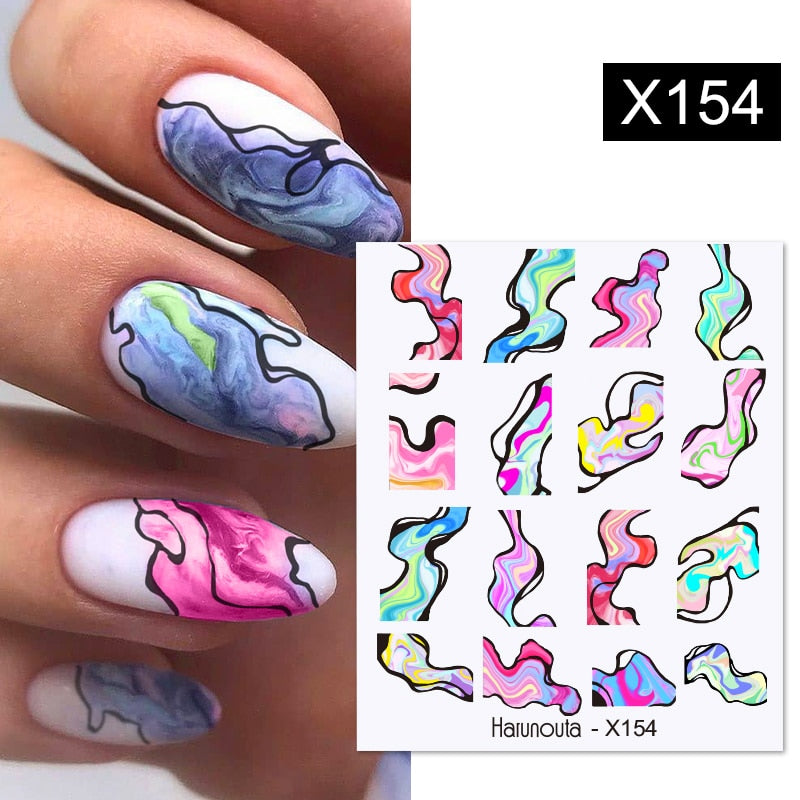 Harunouta Black Lines Flower Leaves Water Decals Stickers Floral Face Marble Pattern Slider For Nails Summer Nail Art Decoration