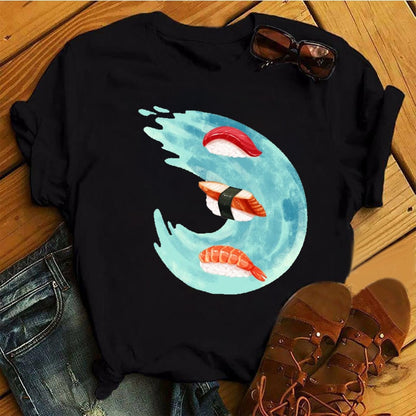 Women Black T-shirts Summer Cute Sushi hug Short Sleeve Tees shirt Femme Summer O-Nock Kawaii Clothing Tops Ladies T shirt