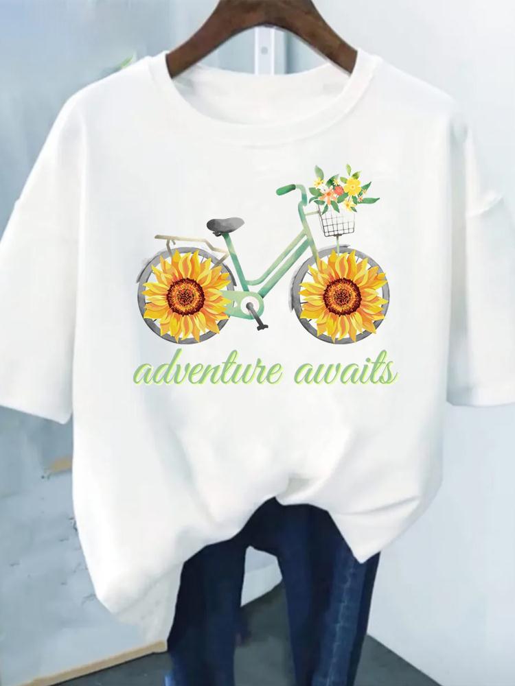 Flower Print Fashion Plant Trend Lovely Style Short Sleeve Women Graphic Tee Summer T Clothing Female Clothes Casual T-shirts