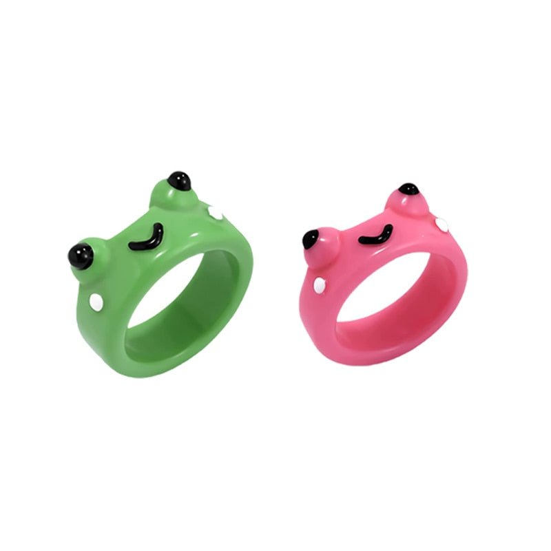 2Pc Cute Frog Rings Lover Polymer Clay Resin Acrylic Rings for Women Girls Couple Travel Ring Summer Fashion Animal Jewelry Gift