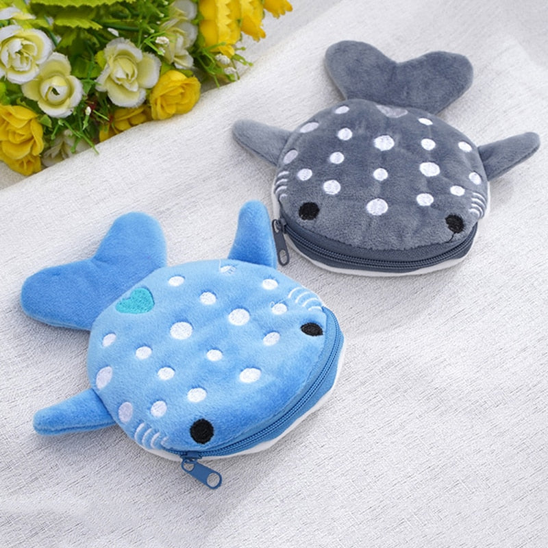 Kawaii Whale Shark Plush Makeup Bag Cute Kawaii Wallet Stuffed Animal Plushie Blue Small Coin Purse Zipper Womens Girls Change Key Credit Cards Earphone Pouch