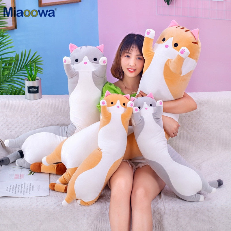 Long Cat Plush Pillow 70cm Cute Kawaii Stuffed Animal Kitten Plushie Toy Nap Pillow Bed Sofa Sleep Home Decor Gift Soft Kitty Doll for Kids Girl