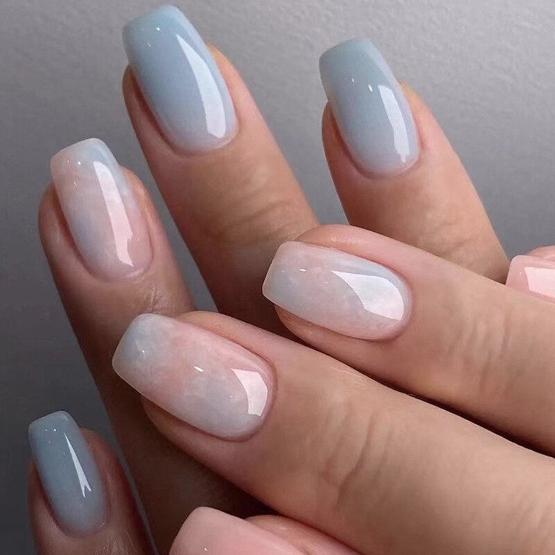 24pcs pink clouds design false nails with glue press on nails medium length acrylic nails coffin full cover nails tips supplies
