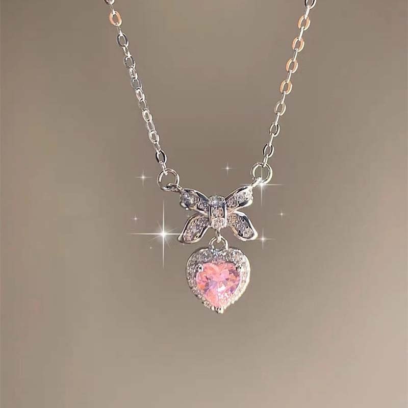 Fashion Pink Planet Heart Zircon Necklace Women Charm Aesthetic Clavicle Chain Necklace Valentines Day Gift Party Jewelry