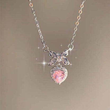 Fashion Pink Planet Heart Zircon Necklace Women Charm Aesthetic Clavicle Chain Necklace Valentines Day Gift Party Jewelry