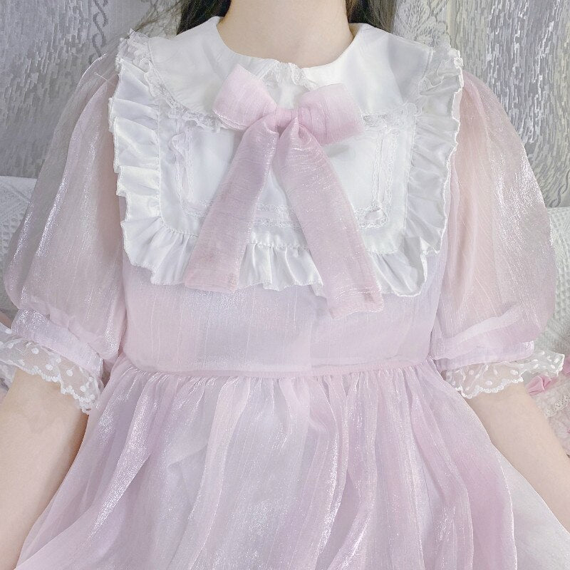 Sweet Cute Kawaii Girl Lolita Dress Princess Maid Vintage Ruffles Dresses Puff Sleeve Blue Black Pink Women Vestidos Doll Collar