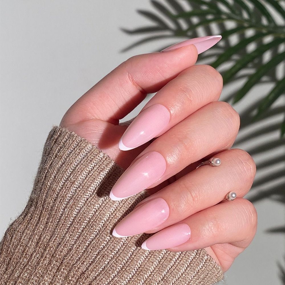 24Pcs Almond Fake Nail Gradient Simple French False Nails Daisy Flower Design Manicure Nails Detachable Full Cover Press On Nail