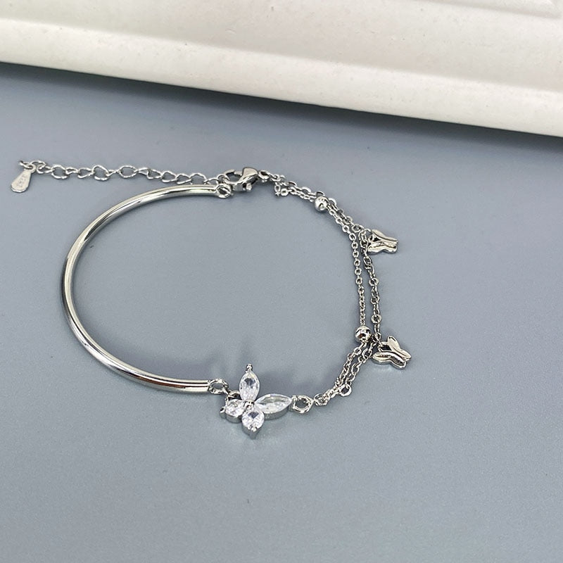 VENTFILLE 925 Sterling Silver Diamond-Studded Butterfly Bracelet Women's Fashion Temperament Flower Adjustable Bracelet