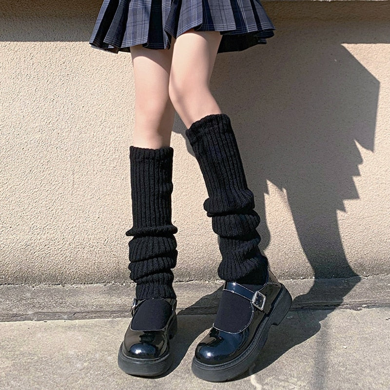 Japanese Lolita White Black Leggings Leg Warmers Women Girls Kawaii Knitted Socks Boot Cuffs Warm Foot Cover