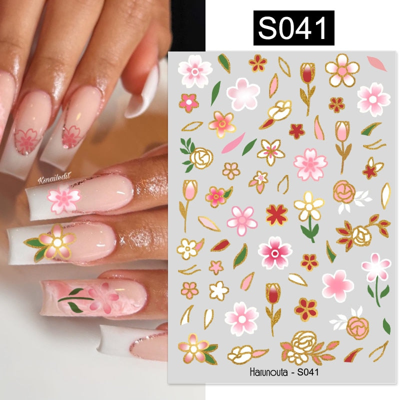 Harunouta Simple Flowers 3D Nail Stickers Gold Heart French Tip Lines Leopard Print Design Adhesive Sliders Manicure Nail Decals