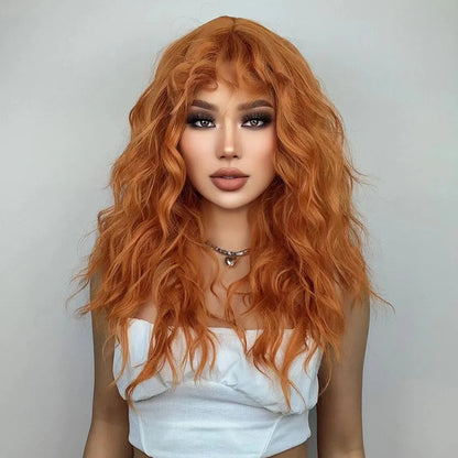 HENRY MARGU Red Ginger Copper Yellow Synthetic Wig for Women Long Curly Wave Wigs with Bangs Cosplay Party Heat Resistant Hair