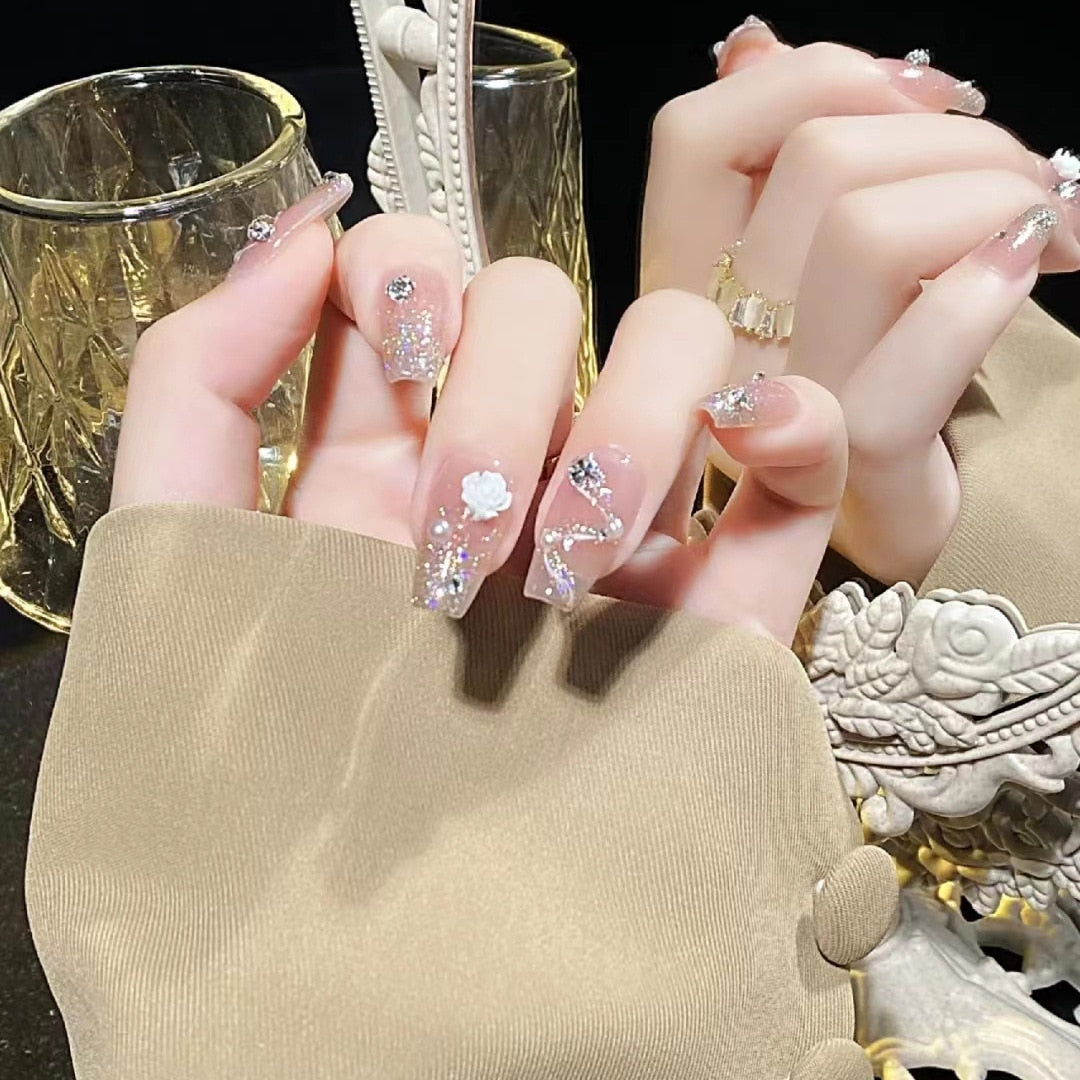 24pcs Wearable Pink Press On Fake Nails Tips With Glue false nails design Butterfly Lovely Girl false nails With Wearing Tools