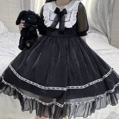 Sweet Cute Kawaii Girl Lolita Dress Princess Maid Vintage Ruffles Dresses Puff Sleeve Blue Black Pink Women Vestidos Doll Collar