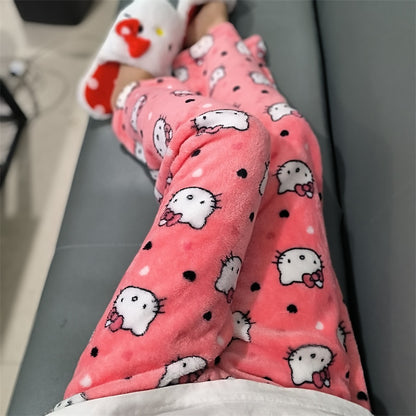 New Sanrio Anime Cartoon Hello Kitty Coral Fleece Pajama Pants Soft Trousers Women Casual Home Trousers Kawaii Birthday Gift