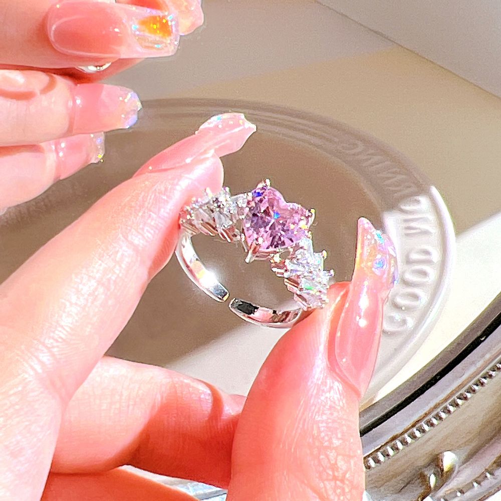 Pink Crystal Heart Bowknot Rings For Women Girls Y2k Kpop Sweet Cool Open Finger Rings Party Fashion Jewelry Gifts New