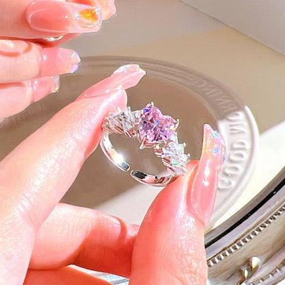 Pink Crystal Heart Bowknot Rings For Women Girls Y2k Kpop Sweet Cool Open Finger Rings Party Fashion Jewelry Gifts New