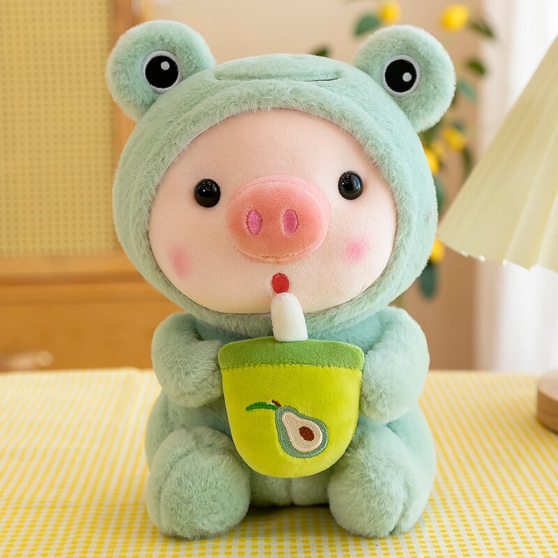 Super Soft Kawaii Cartoon Plush Toy Stuffed Animal Cute Pig Bunny Frog Unicorn Tiger With Tea With Milk Doll Kids Birthday Gift