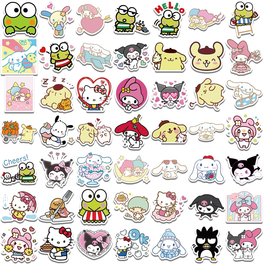 50/100pcs Mixed Cartoon Sanrio Stickers Cute Hello Kitty Cinnamoroll Kuromi My Melody Waterproof Sticker Decals for Kids Toys