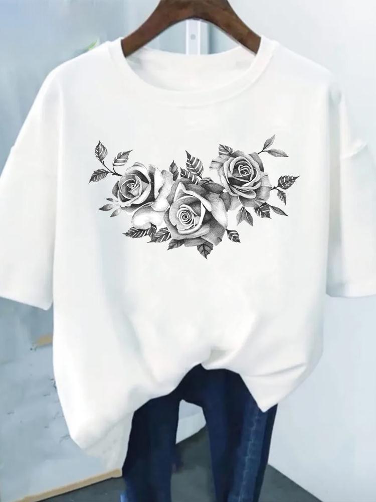 Flower Print Fashion Plant Trend Lovely Style Short Sleeve Women Graphic Tee Summer T Clothing Female Clothes Casual T-shirts