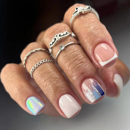 24pcs French White Side False Nails Wearable Rhinestone Desgin Fake Nails Short Simple Nail Full Cover Nail Tips Press On Nails