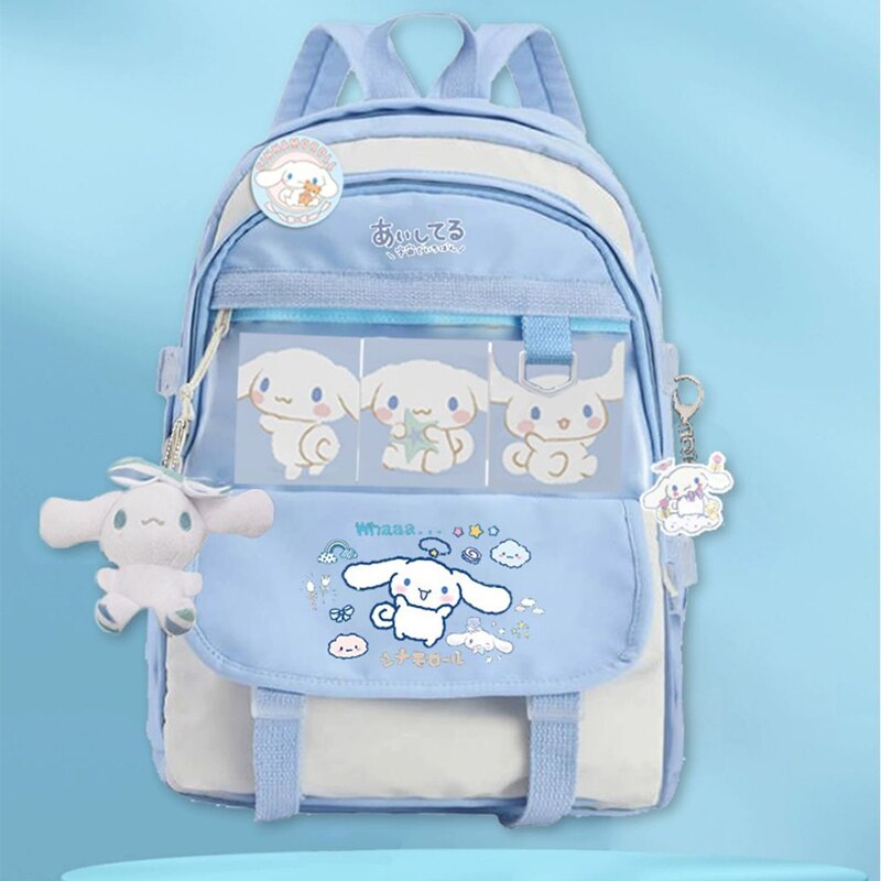 Cinnamoroll Backpack with Sanrio Plush Toy Anime Children Girls Blue Schoolbag School Supplies Student Kawaii Cute Large Computer Bag Gift