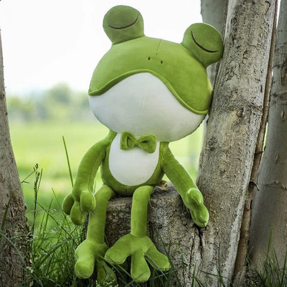 38-50CM Cute Sleeping Frog Plush Toy Throw Pillow Playful Green Bow Squinting Eye Bed Soothing Rag Doll Children Birthday Gift