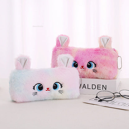 Kawaii Cartoon Cute Cat Plush Pouch Pencil Case Zipper Fluffy Large Capacity Pen Bag School Stationery Cosmetics Storage Bag