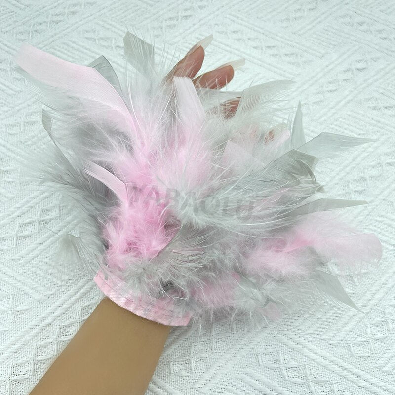 Women Natural Fur Feather Cuffs Snap On Bracelet Arm Cuff Shirts Sleeves For Women Real Ostrich Feather  Anklet Wrist Cuff