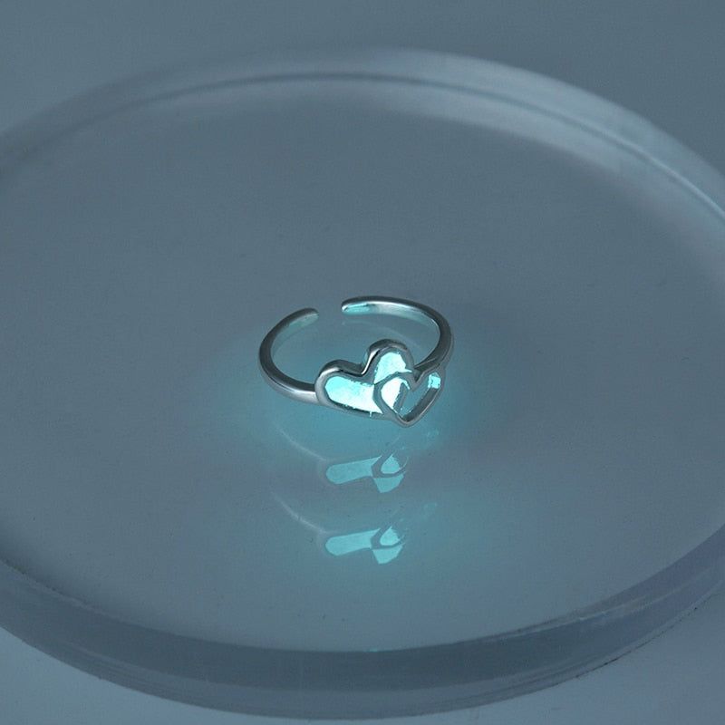 Luminous Love Heart Finger Ring Glow In Dark Fashion Adjustable Couples Rings Silver Color Pink Blue Light Jewelry Lover Gift