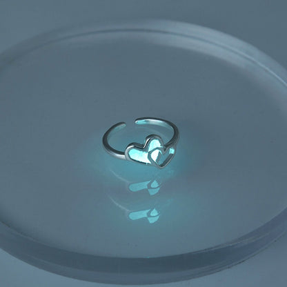 Luminous Love Heart Finger Ring Glow In Dark Fashion Adjustable Couples Rings Silver Color Pink Blue Light Jewelry Lover Gift