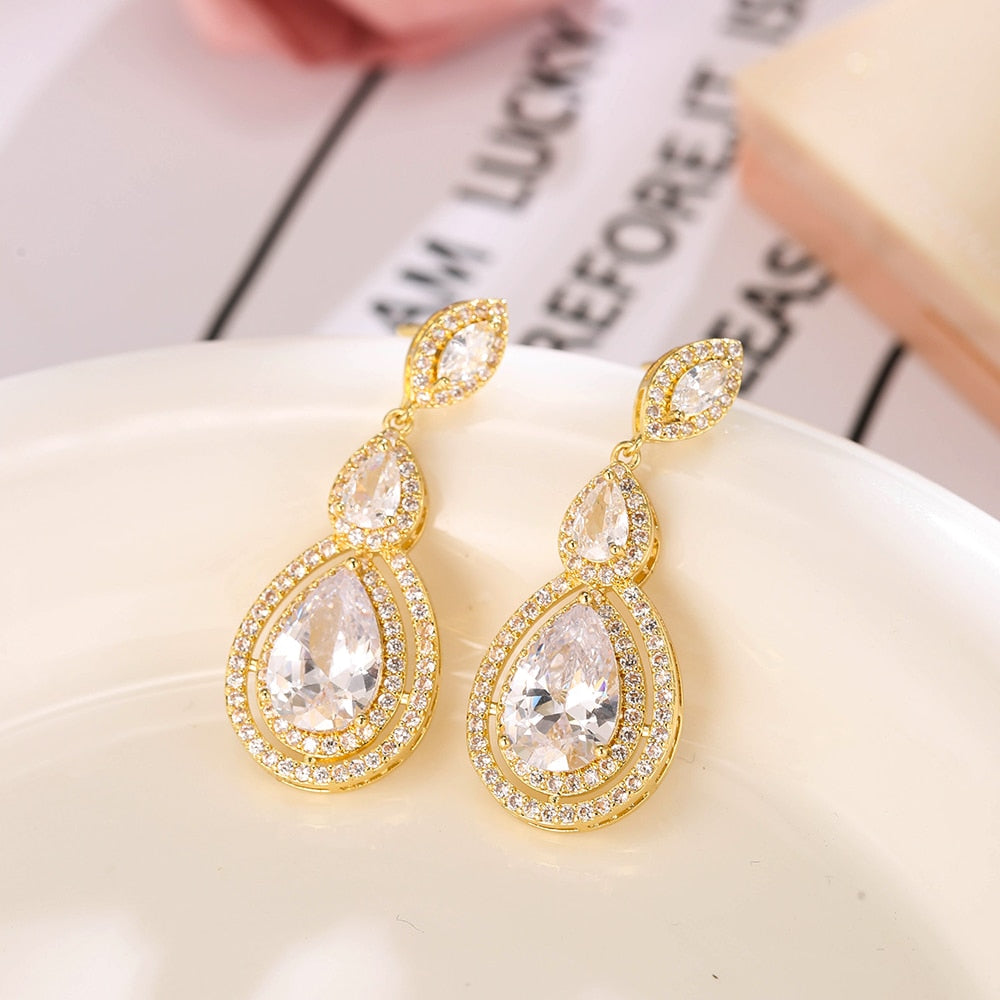 Luxury Zircon Wedding Long Dangle Earrings with Round Water Drop Elegant CZ Earrings for Women Bridal Wedding Jewelry Dress