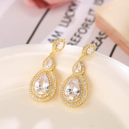 Luxury Zircon Wedding Long Dangle Earrings with Round Water Drop Elegant CZ Earrings for Women Bridal Wedding Jewelry Dress