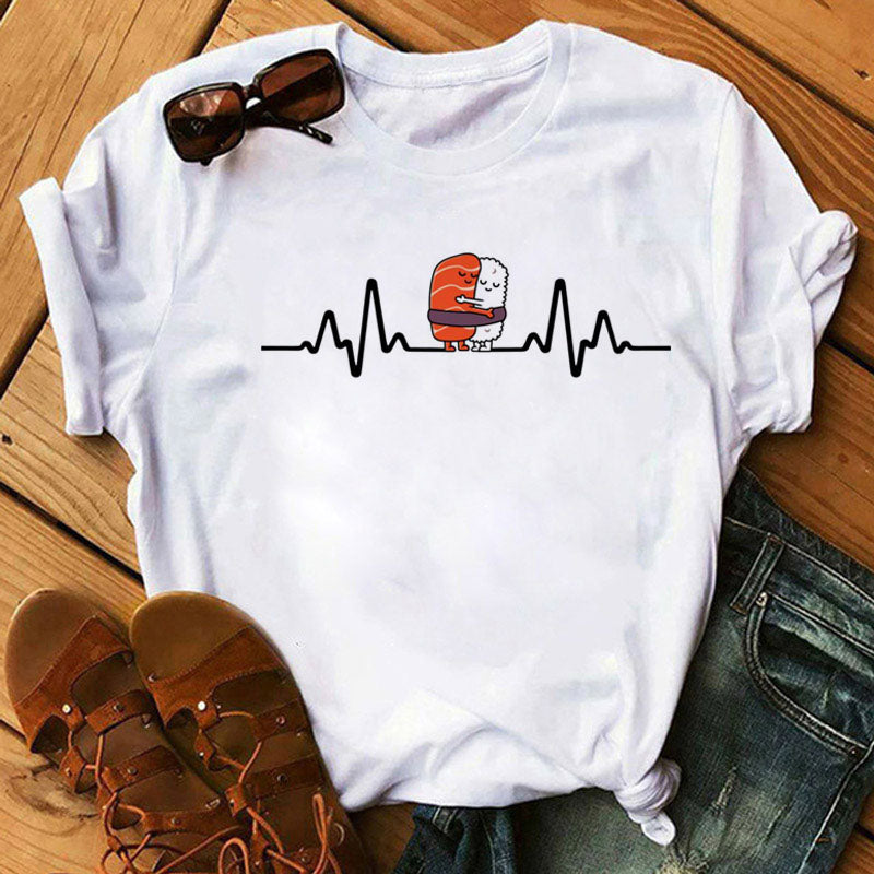 Women Black T-shirts Summer Cute Sushi hug Short Sleeve Tees shirt Femme Summer O-Nock Kawaii Clothing Tops Ladies T shirt