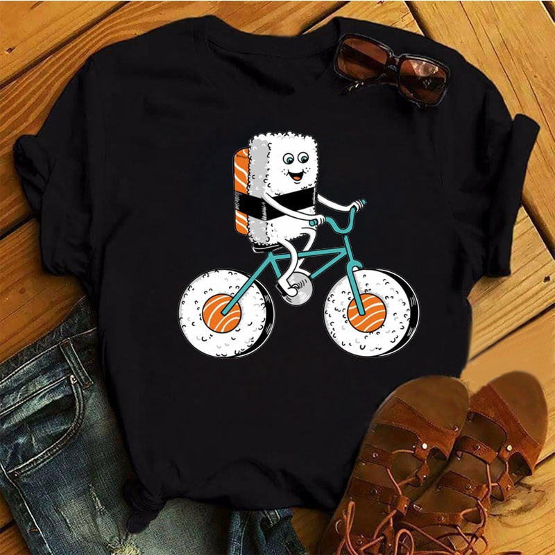 Women Black T-shirts Summer Cute Sushi hug Short Sleeve Tees shirt Femme Summer O-Nock Kawaii Clothing Tops Ladies T shirt