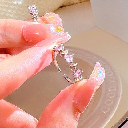 Pink Crystal Heart Bowknot Rings For Women Girls Y2k Kpop Sweet Cool Open Finger Rings Party Fashion Jewelry Gifts New