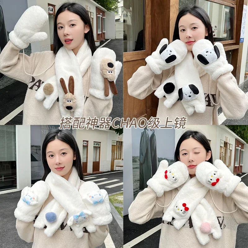 Sanrio  Scarf Hello Kitty Cinnamoroll Pochacco Winter Loveliness Cartoon Girl Keep warm Plush Gift Gloves  Hello Kitty Scarf