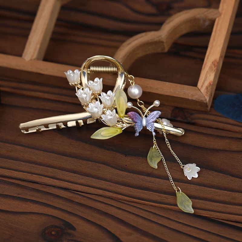 New Classical Orchid Pearl Tassel Grab Clip Ladies Ponytail Clip Flower Shark Clip Girl Elegant Headwear Accessories
