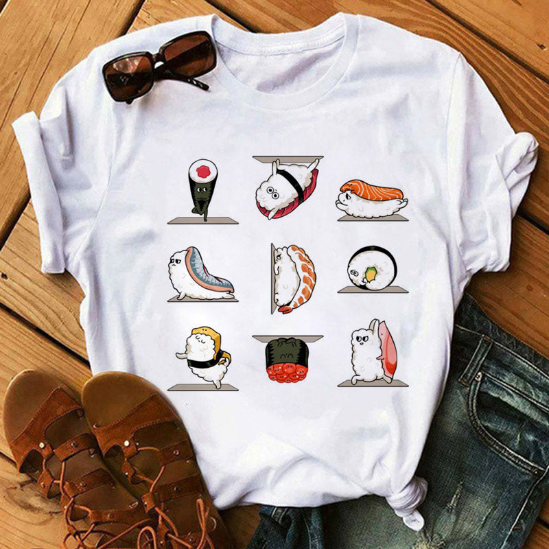 Women Black T-shirts Summer Cute Sushi hug Short Sleeve Tees shirt Femme Summer O-Nock Kawaii Clothing Tops Ladies T shirt