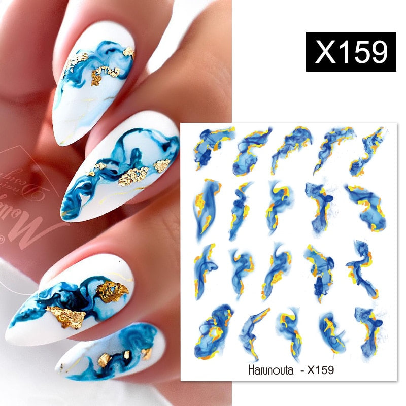 Harunouta Black Lines Flower Leaves Water Decals Stickers Floral Face Marble Pattern Slider For Nails Summer Nail Art Decoration