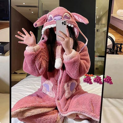 Lilo and Stitch Pajamas for Adults Disney Angel Blue Pink Hooded Couples PJs Cute Kawaii Fleece Robe Pants Set Womens Winter Warm Plush Sleepwear Female